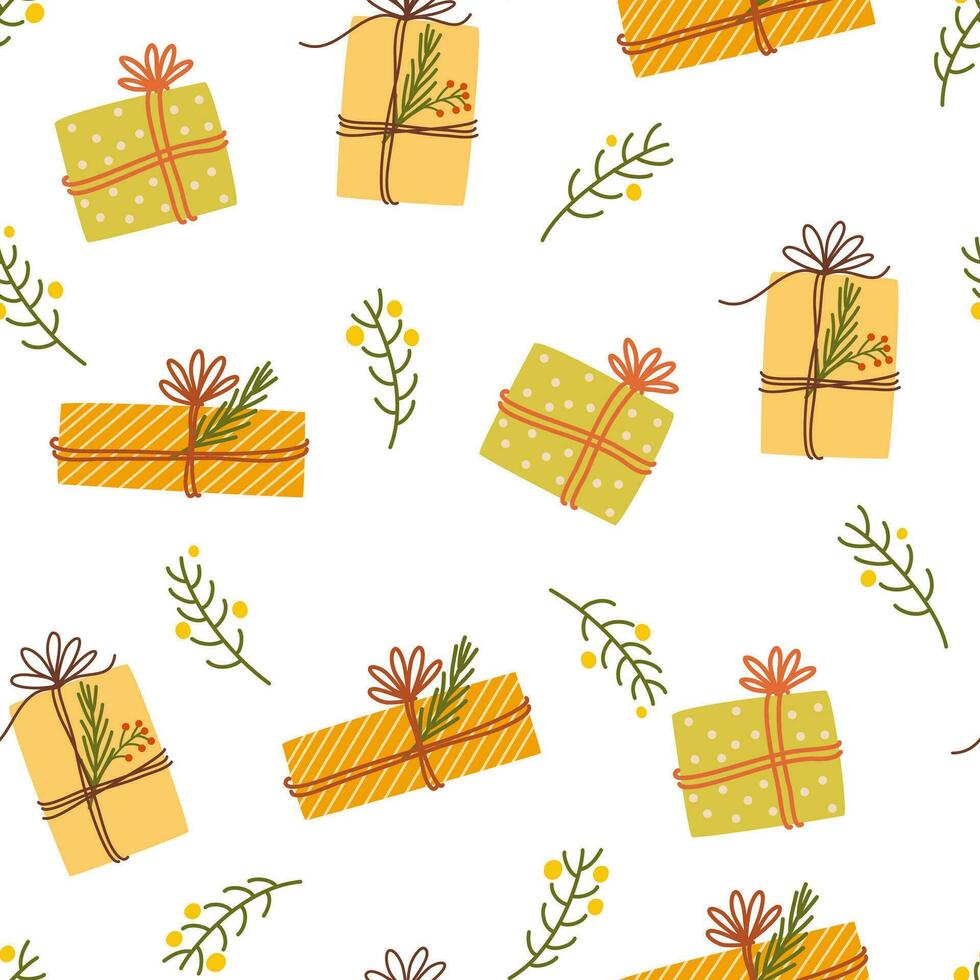 Weihnachten Geschenk nahtlos Muster. Neu Jahr Textur zum drucken, Verpackung Papier, Design, Stoff, Dekor, Geschenk. Vektor Hand zeichnen Hintergrund