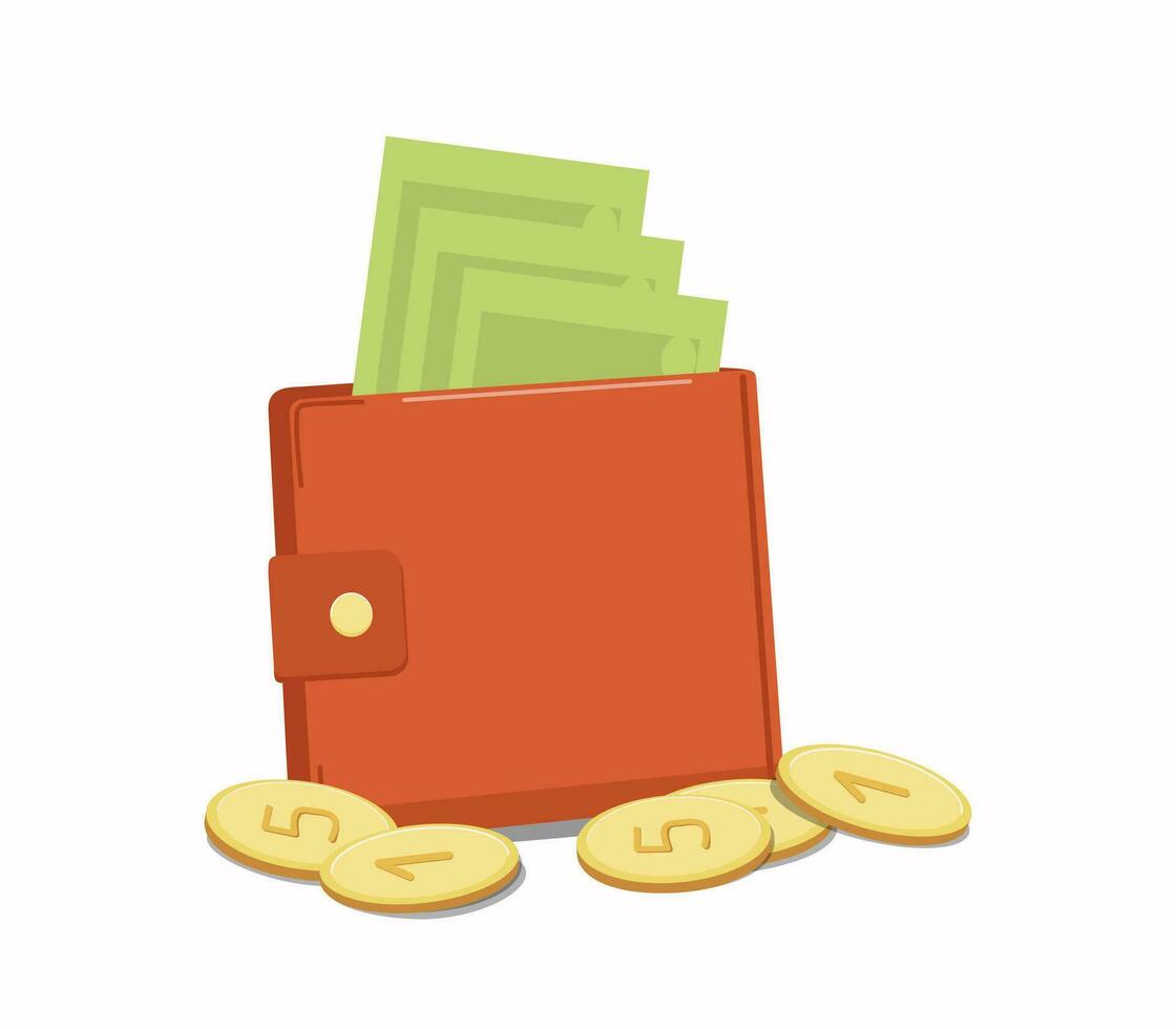 plånbok, pengar. mynt och papper räkningar. företag, finansiera. gyllene Färg. vektor illustration, bakgrund isolerat.