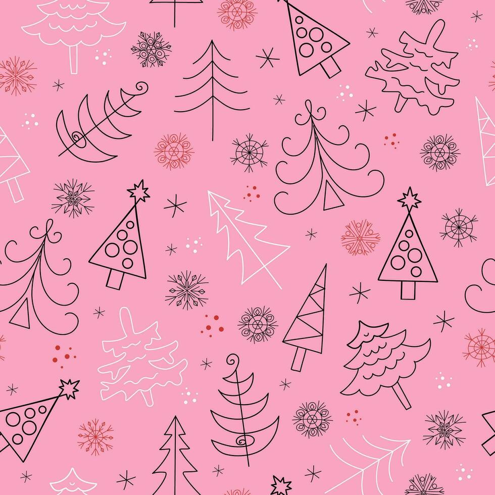 ny år gran . uppsättning av jul träd och snöflingor i klotter stil, ikoner. ny år vektor illustration. sömlös bakgrund. för dekoration av gåva omslag, textilier, tapet.