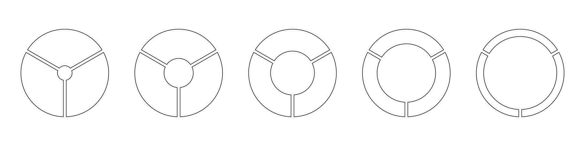hjul runda dividerat, tre sektioner. diagram infographic uppsättning. cirkel sektion Graf linje konst. paj Diagram enkel ikoner. översikt munk diagram, pajer segmenterad på 3 likvärdig delar. geometrisk vektor element.