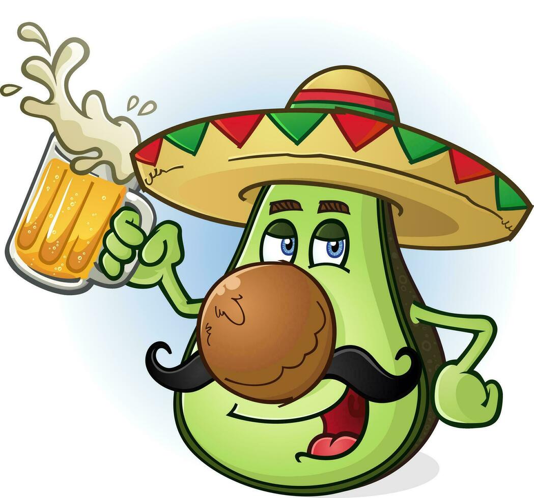 ein Mexikaner Avocado Karikatur Charakter tragen ein Sombrero und Trinken ein Becher von Bier Vektor Clip Kunst