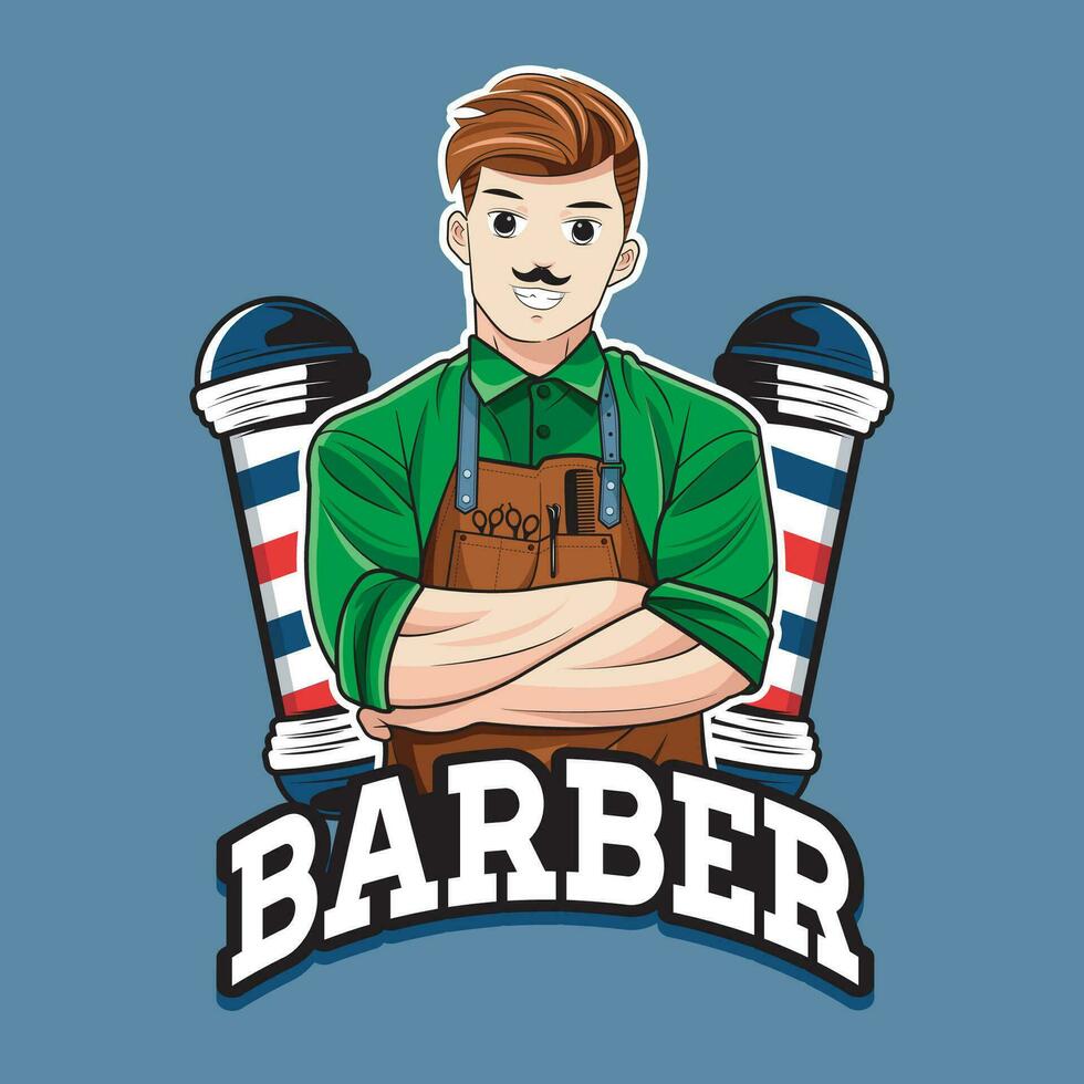 zuversichtlich Barbier Mann Maskottchen Charakter Logo. Vektor Illustration