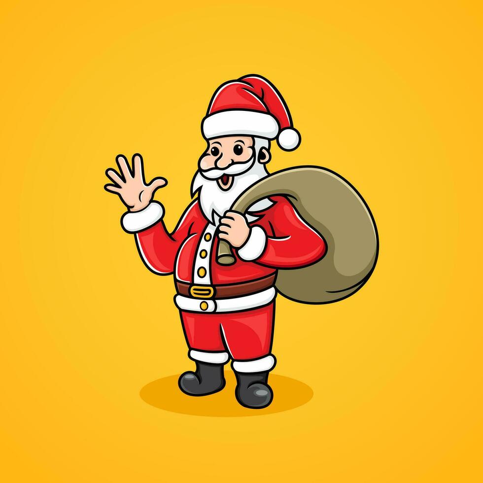 Illustration von Santa claus Gruß mit ein Geschenk Tasche. vektor