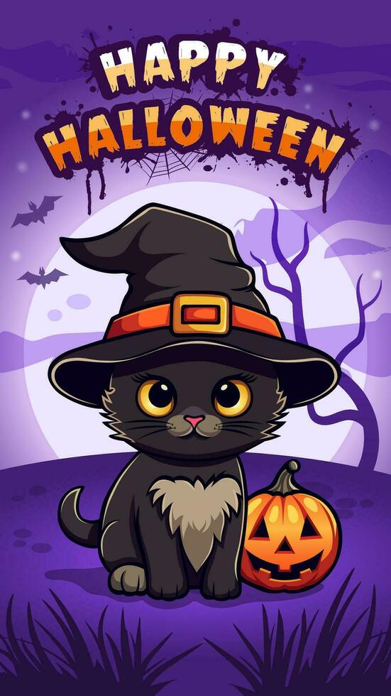 halloween hälsning kort med svart kattunge i häxa hatt och domkraft o lykta pumpa. natt bakgrund med måne och fladdermöss vektor
