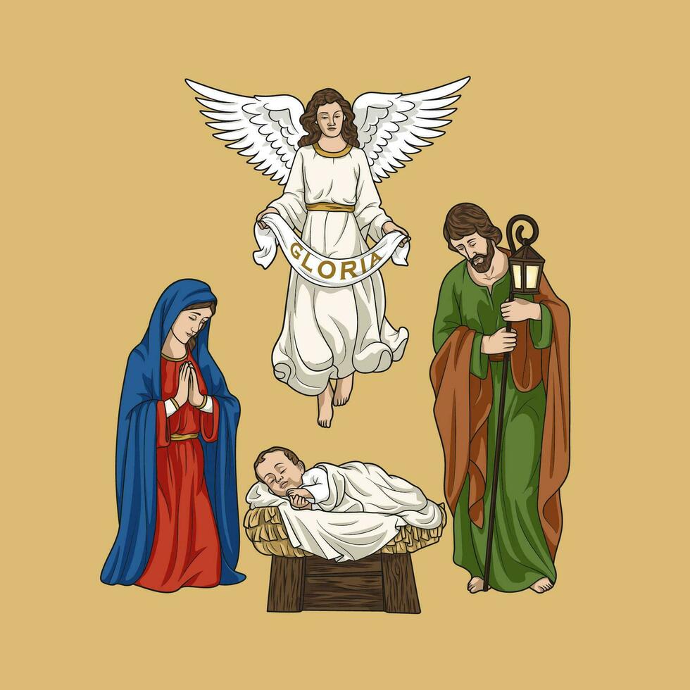 heilig Familie, Jesus, Maria und Joseph, mit Engel im Weihnachten Geburt Szene bunt Vektor Illustration