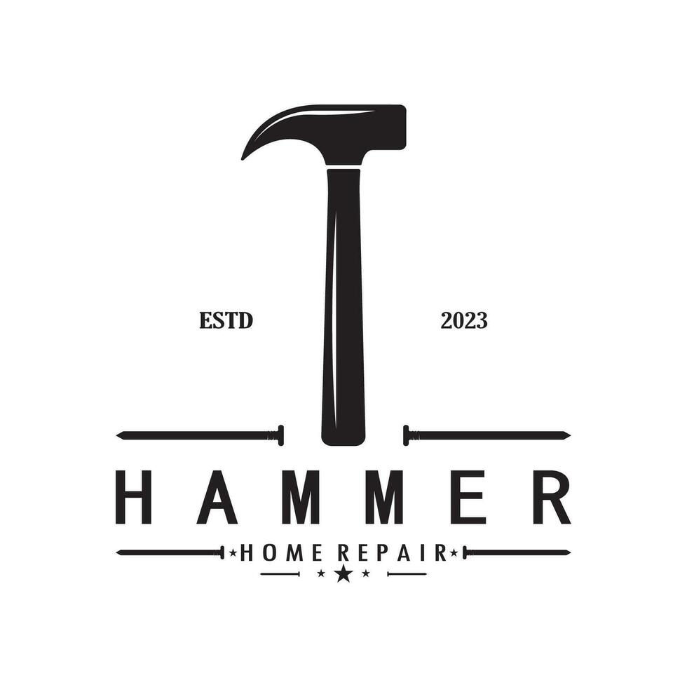 retro Jahrgang gekreuzt Hammer und Nagel Logo zum Zuhause Reparatur Dienstleistungen, Zimmerei, Abzeichen, Bauherren, Holzbearbeitung, Konstruktion, Vektor