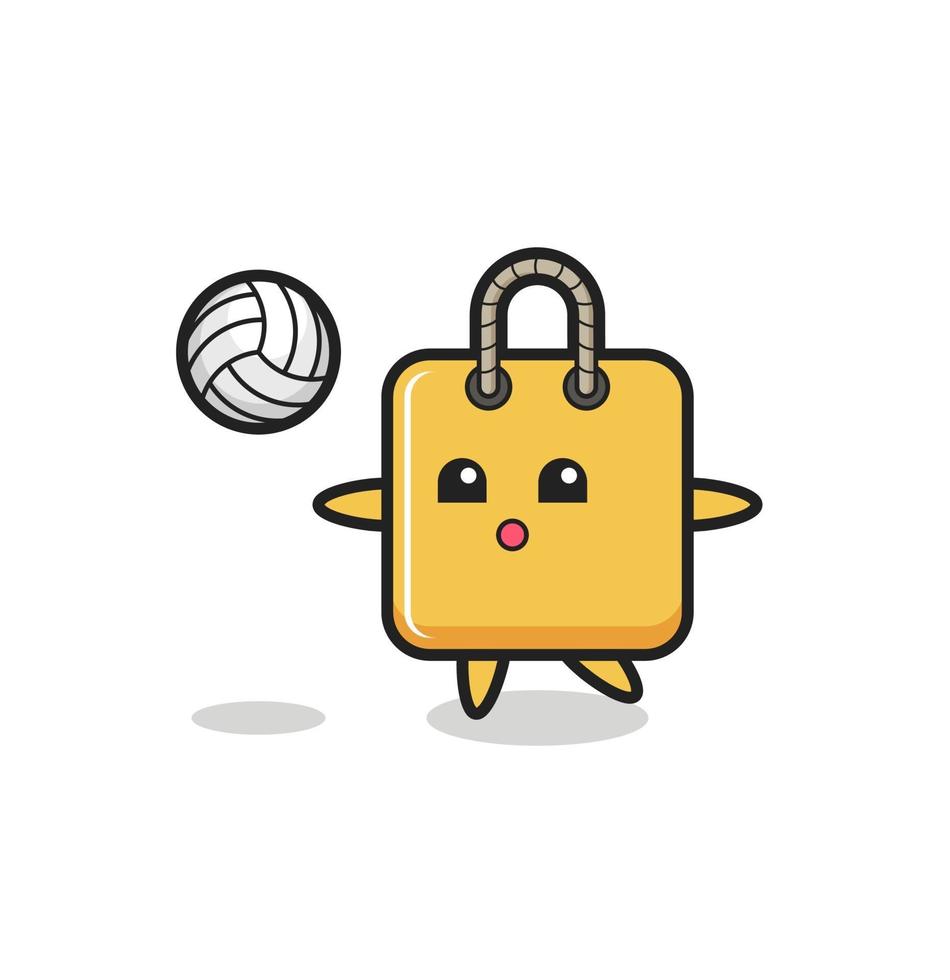 karaktär tecknad av shoppingväska spelar volleyboll vektor