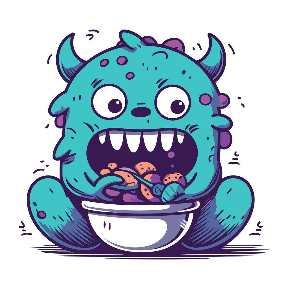 rolig tecknad serie monster med en skål av mat. vektor illustration.