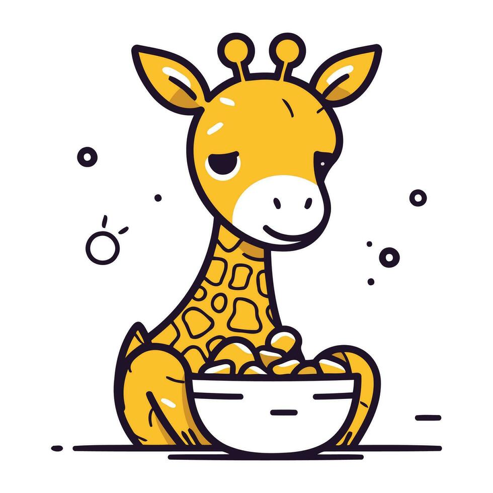 süß Giraffe mit Schüssel von trocken Lebensmittel. Vektor Illustration.