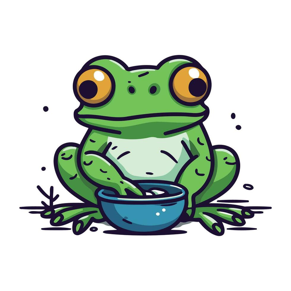 Frosch Essen von Schüssel. süß Karikatur Charakter. Vektor Illustration.