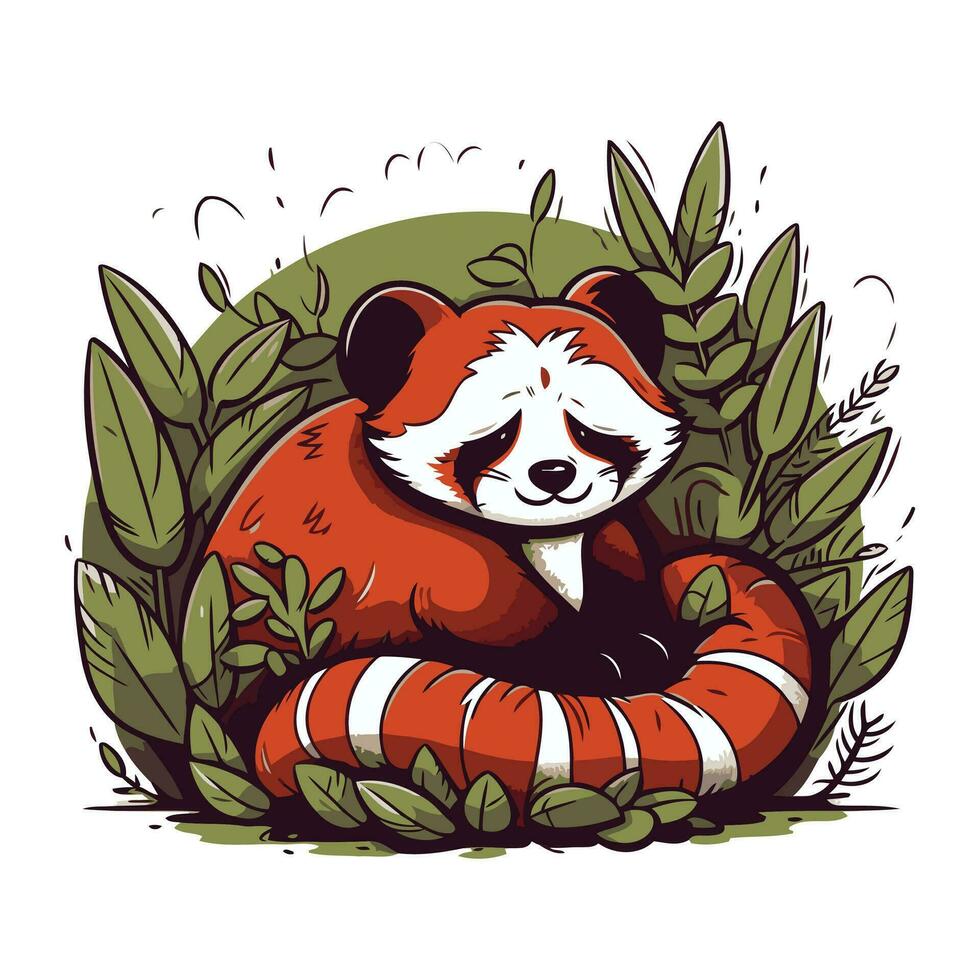 röd panda med liv boj i de djungel. vektor illustration.