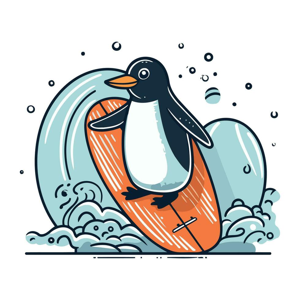 söt pingvin med surfbräda. vektor illustration i tecknad serie stil.