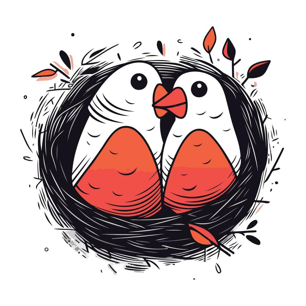 Hand gezeichnet Vektor Illustration von ein Paar von Pinguine im ein Nest