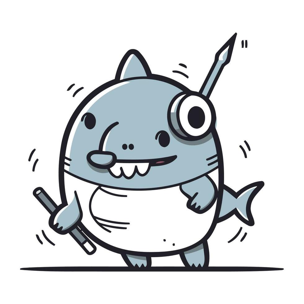 tecknad serie illustration av en haj innehav en spjut och en kniv. vektor