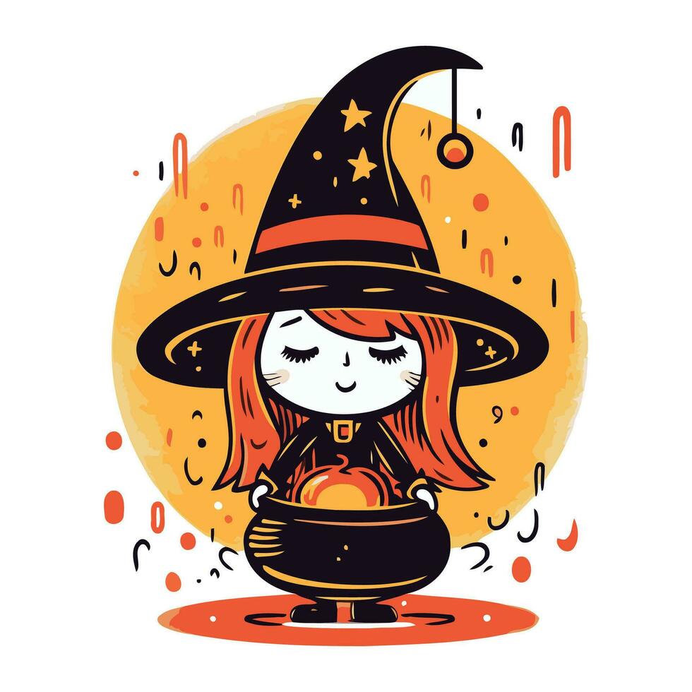 söt liten häxa flicka med magi trolldryck. halloween vektor illustration.