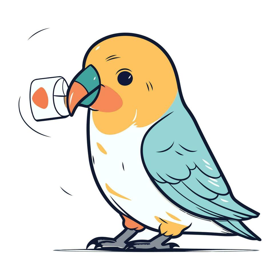 süß Karikatur Papagei Trinken von ein Flasche. Vektor Illustration.