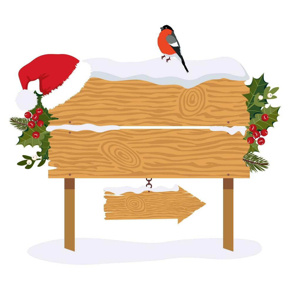 jul tömma trä- väg tecken med järnek, mistel, jul träd grenar, santa hatt. en snötäckt trä- tom anslagstavla med ett pil, en jul dekoration. illustrerade vektor ClipArt.