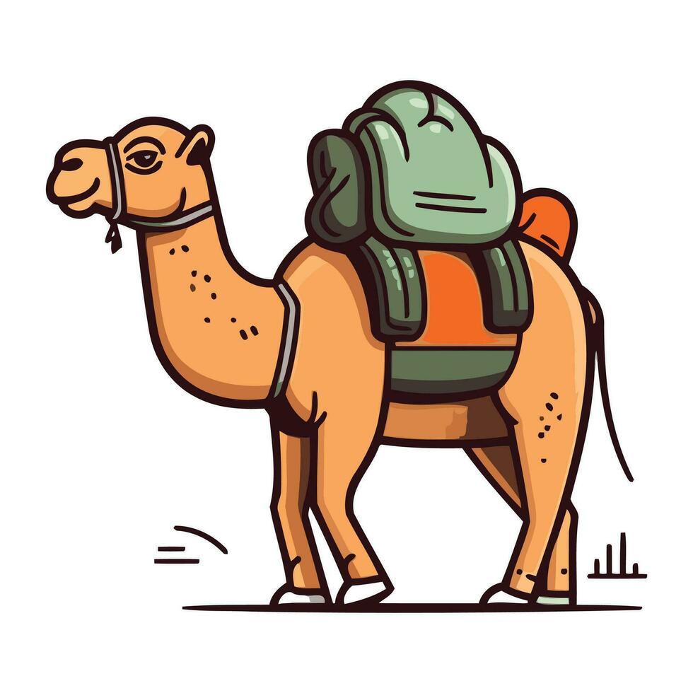 Kamel mit Rucksack. Vektor Illustration im Gekritzel Stil.