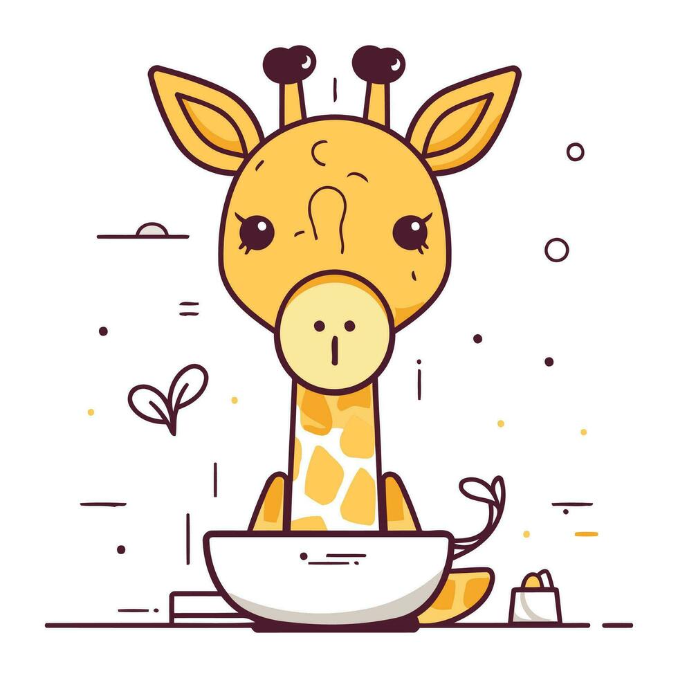 süß Karikatur Giraffe mit ein Tasse von Kaffee. Vektor Illustration.