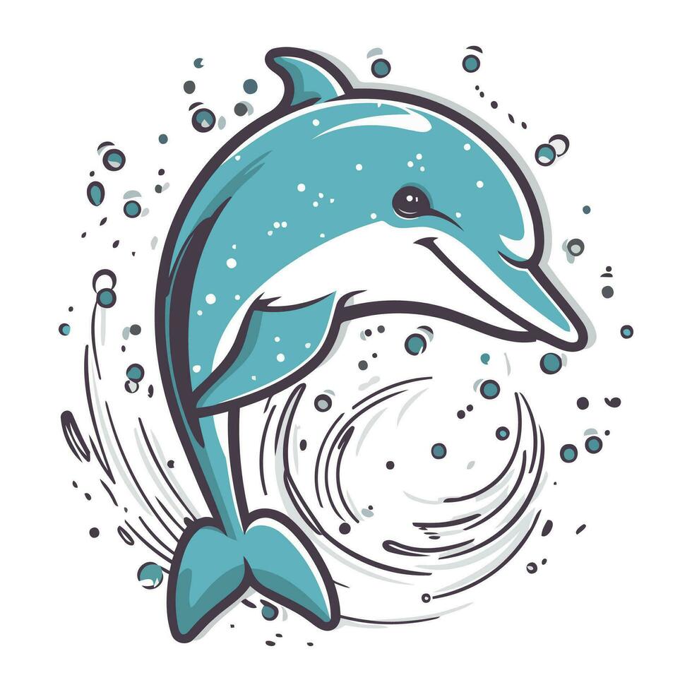 Delfin Springen aus von das Wasser. Hand gezeichnet Vektor Illustration.