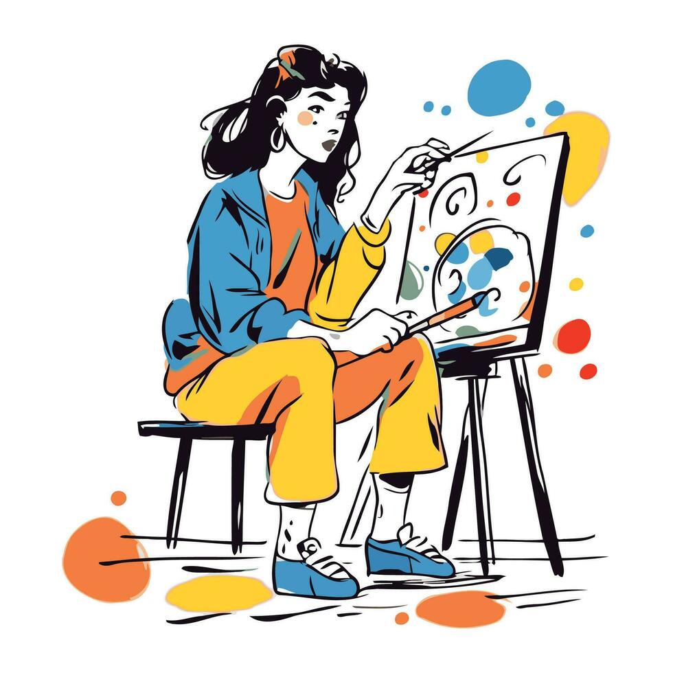 Vektor Hand gezeichnet Illustration von ein jung Frau Maler Sitzung auf ein Stuhl und malen.