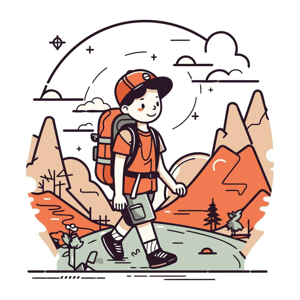 Vektor Illustration von ein Junge mit ein Rucksack Wandern im das Berge.