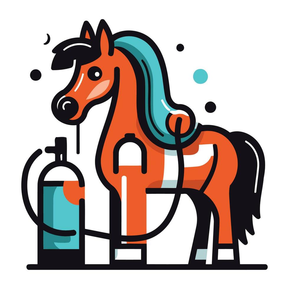 Pferd mit Wasser Flasche und Pumpe. Vektor Illustration im eben Stil