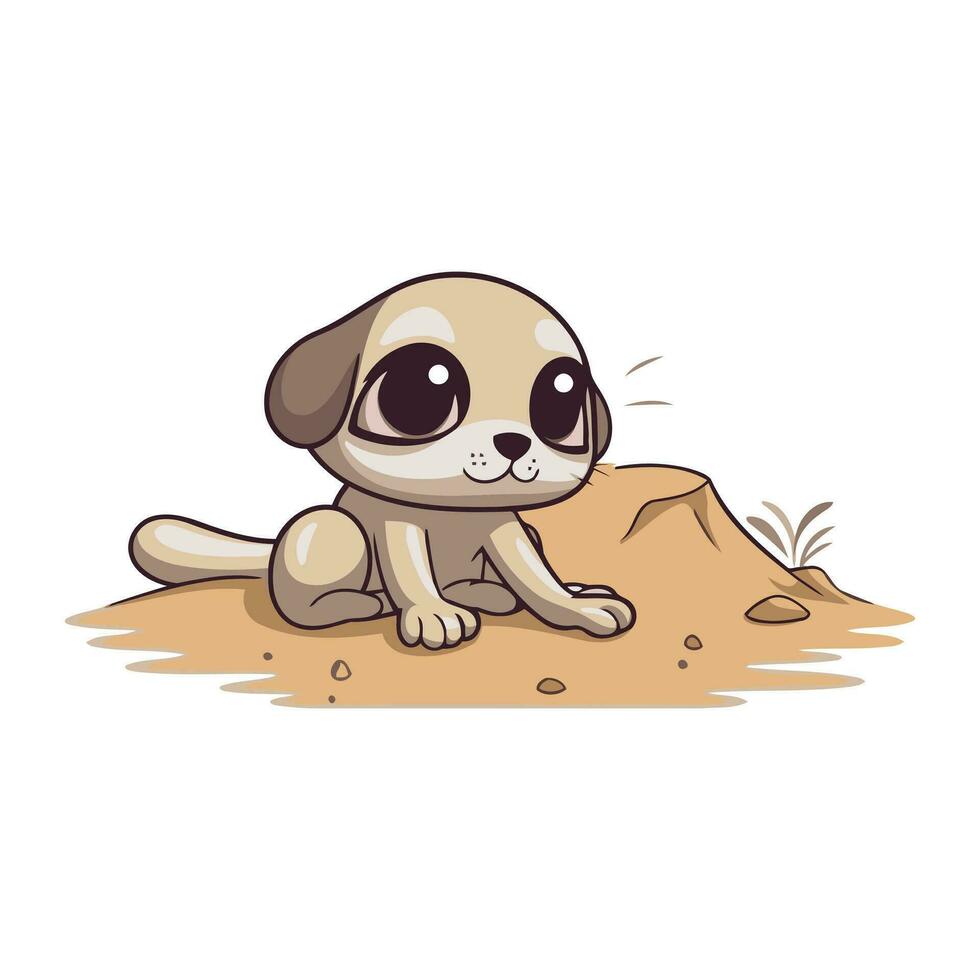 süß Karikatur Hund Sitzung auf das Sand. Vektor Illustration auf Weiß Hintergrund.