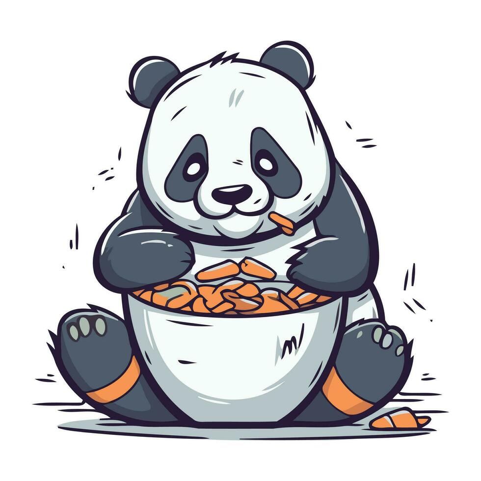süß Panda Essen ein Schüssel von Lebensmittel. Vektor Illustration.