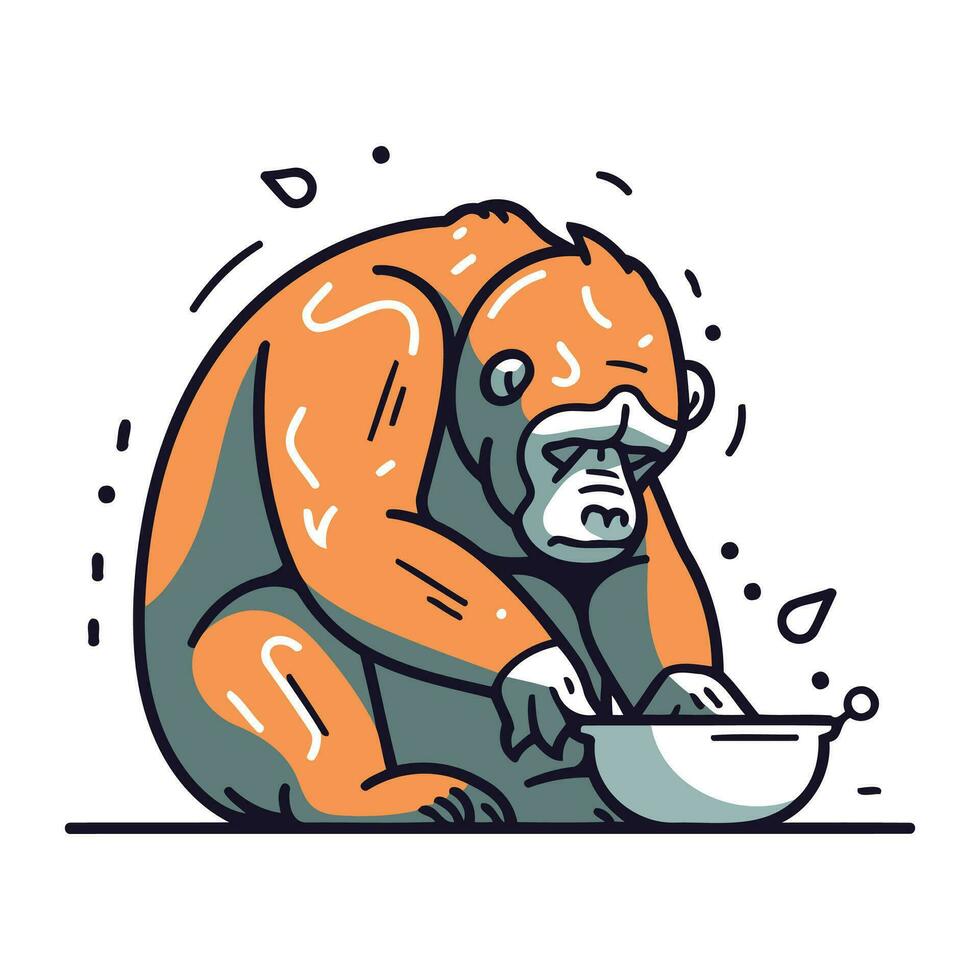 Gorilla Essen von ein Schüssel. Vektor Illustration im Linie Stil.