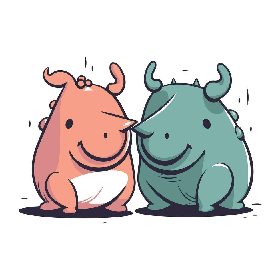söt tecknad serie noshörning och tjur. vektor illustration.