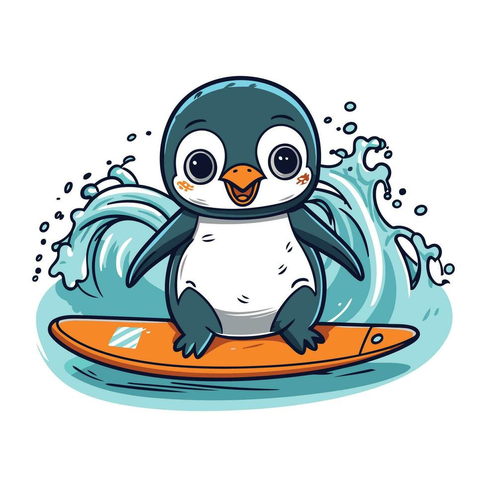 söt pingvin med surfbräda. vektor illustration på vit bakgrund.