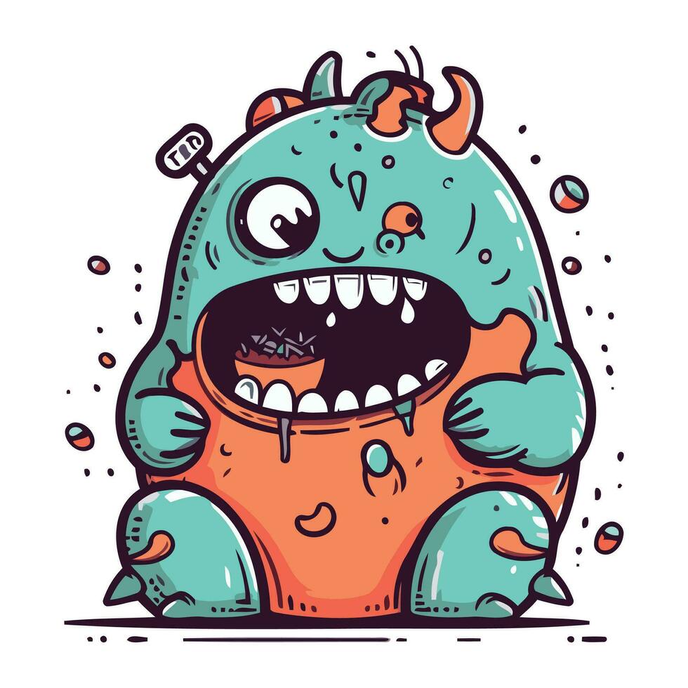 komisch Karikatur Monster- mit groß Zähne. Vektor Illustration isoliert auf Weiß Hintergrund.