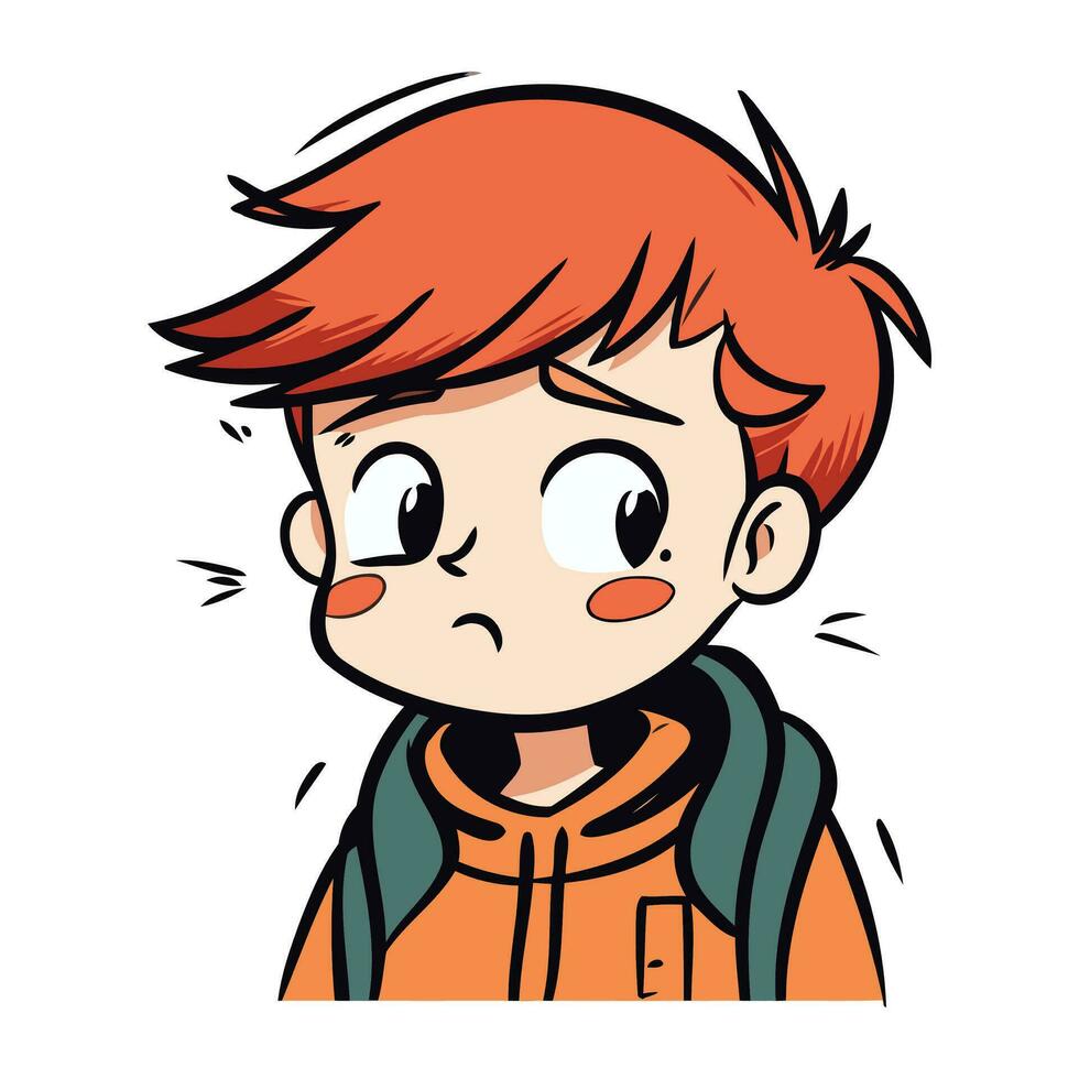 vektor illustration av en pojke med en röd hår i en jacka och en ryggsäck