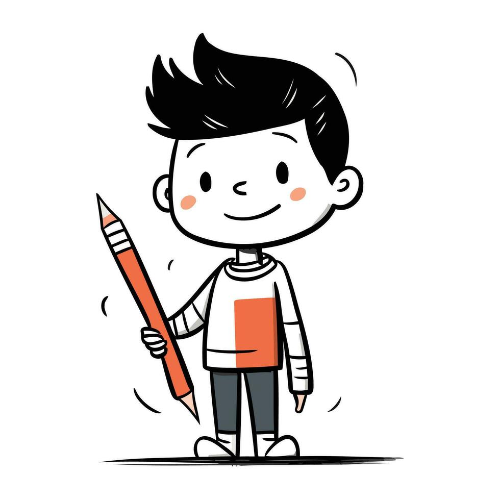 söt pojke innehav penna. vektor illustration i hand dragen stil.