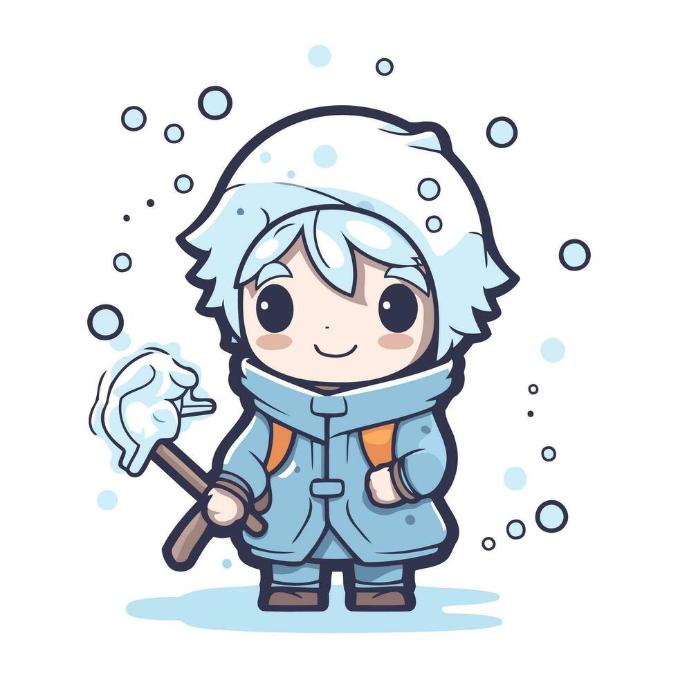 söt tecknad serie pojke i vinter- kläder med is keps och is yxa vektor