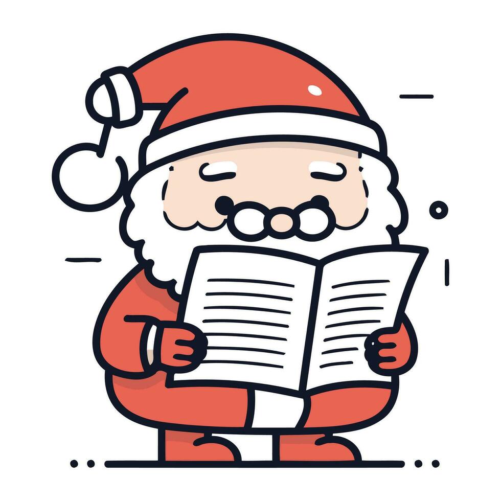Santa claus lesen ein Buch. Vektor Illustration im dünn Linie Stil.