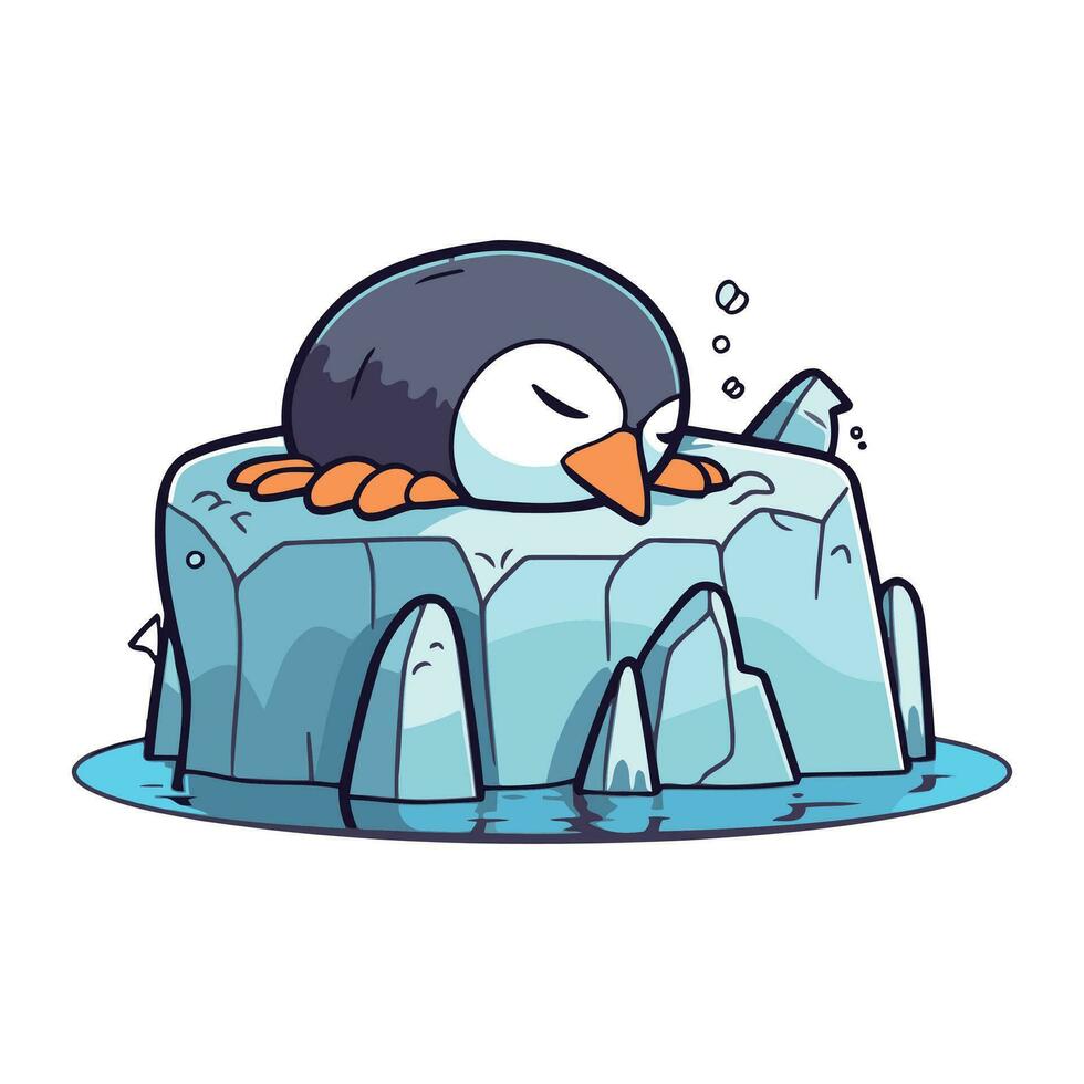süß Pinguin Schlafen auf ein Eis Scholle. Vektor Illustration.