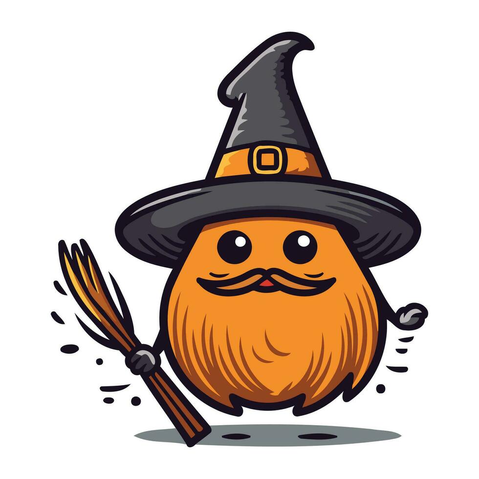 halloween pumpa maskot karaktär med häxa hatt och kvast vektor