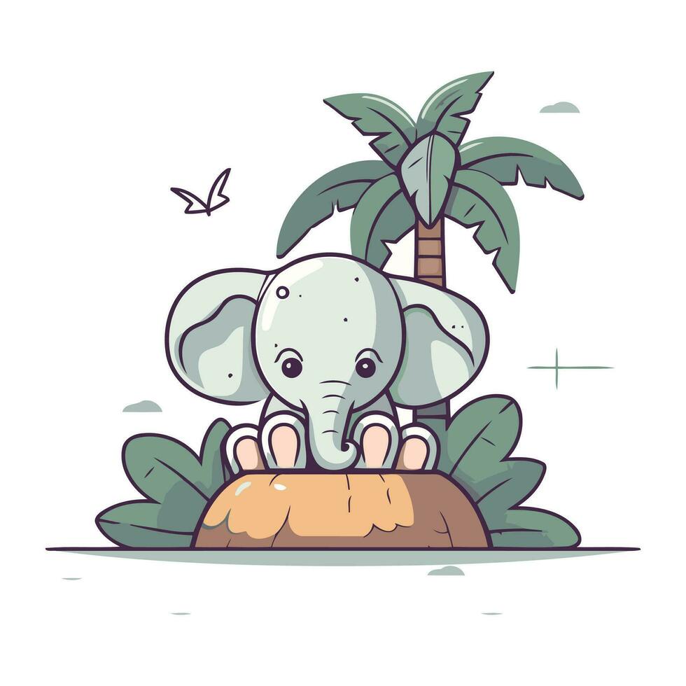 söt tecknad serie elefant Sammanträde på en ö med handflatan träd. vektor illustration.