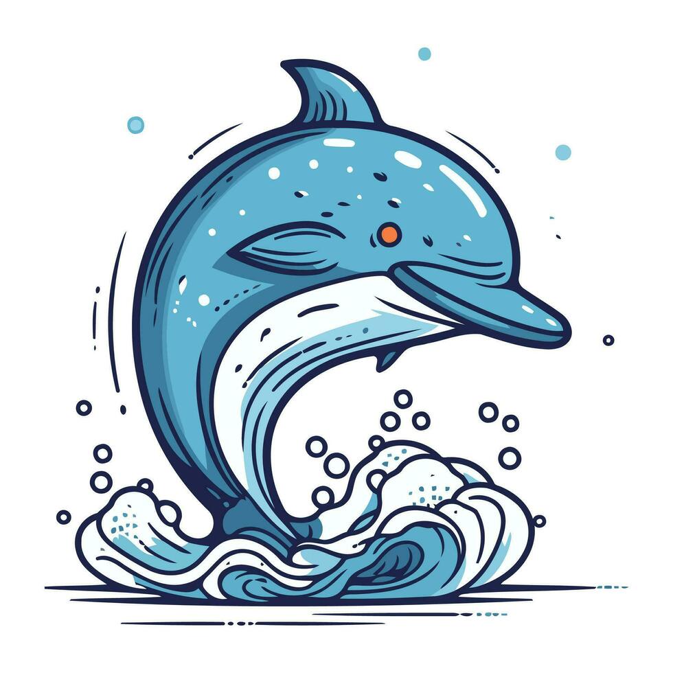 Delfin Springen aus von das Wasser. Vektor Illustration im Karikatur Stil.