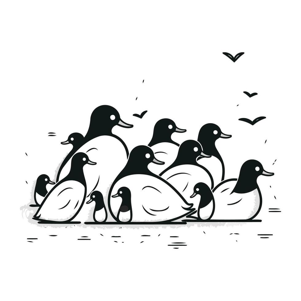 Ente Familie. schwarz und Weiß Vektor Illustration isoliert auf Weiß Hintergrund.