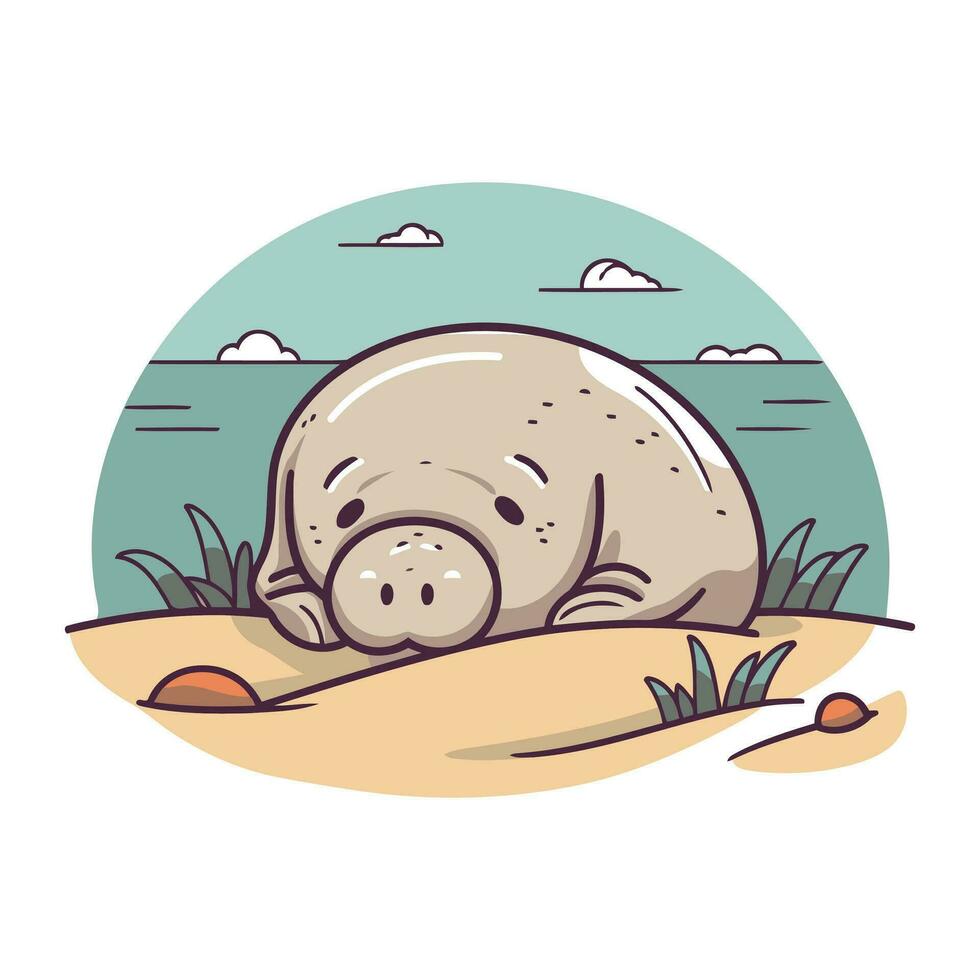 süß Nilpferd Schlafen im das Sand. Vektor Illustration.