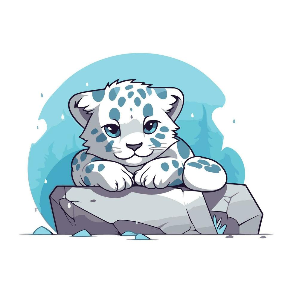 Schnee Leopard Sitzung auf ein Felsen. süß Karikatur Vektor Illustration.