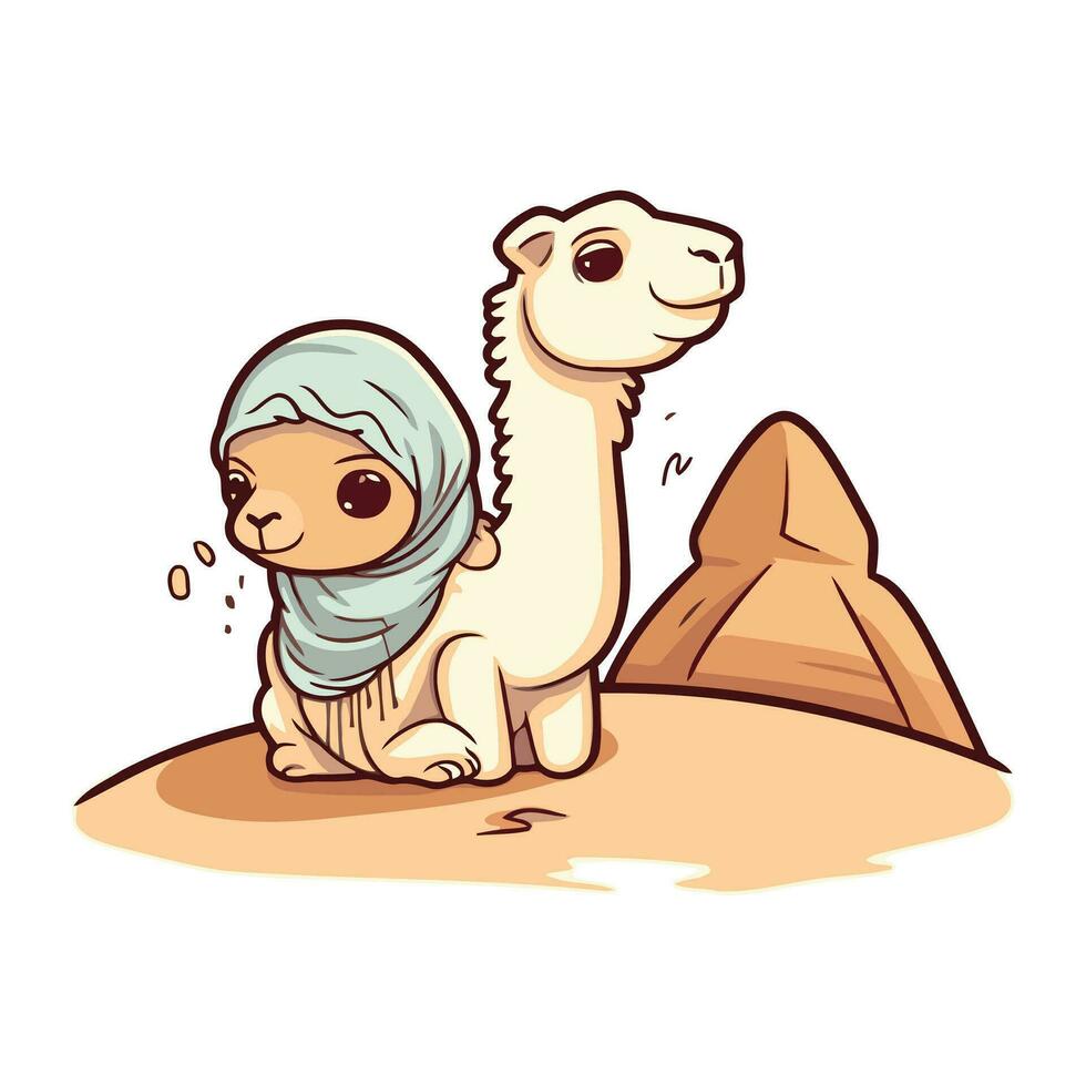 söt liten muslim flicka i hijab Sammanträde på sand med kamel. vektor illustration