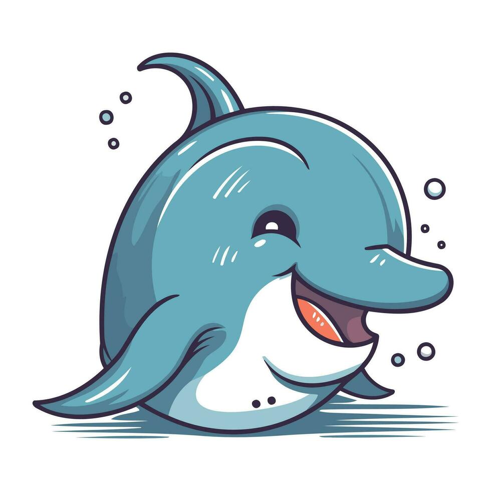 tecknad serie leende delfin. vektor illustration av en söt tecknad serie delfin.