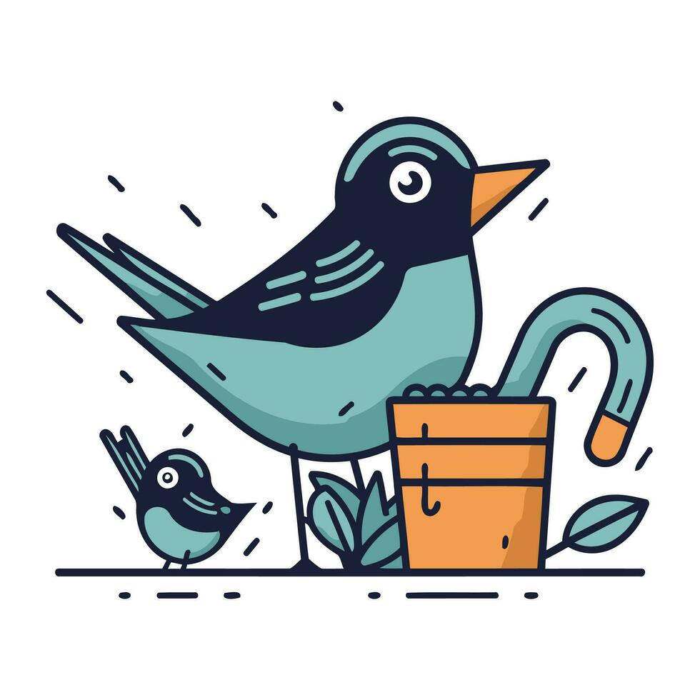 Vektor Illustration von ein Vogel mit ein Eimer von Essen und ein Krähe.