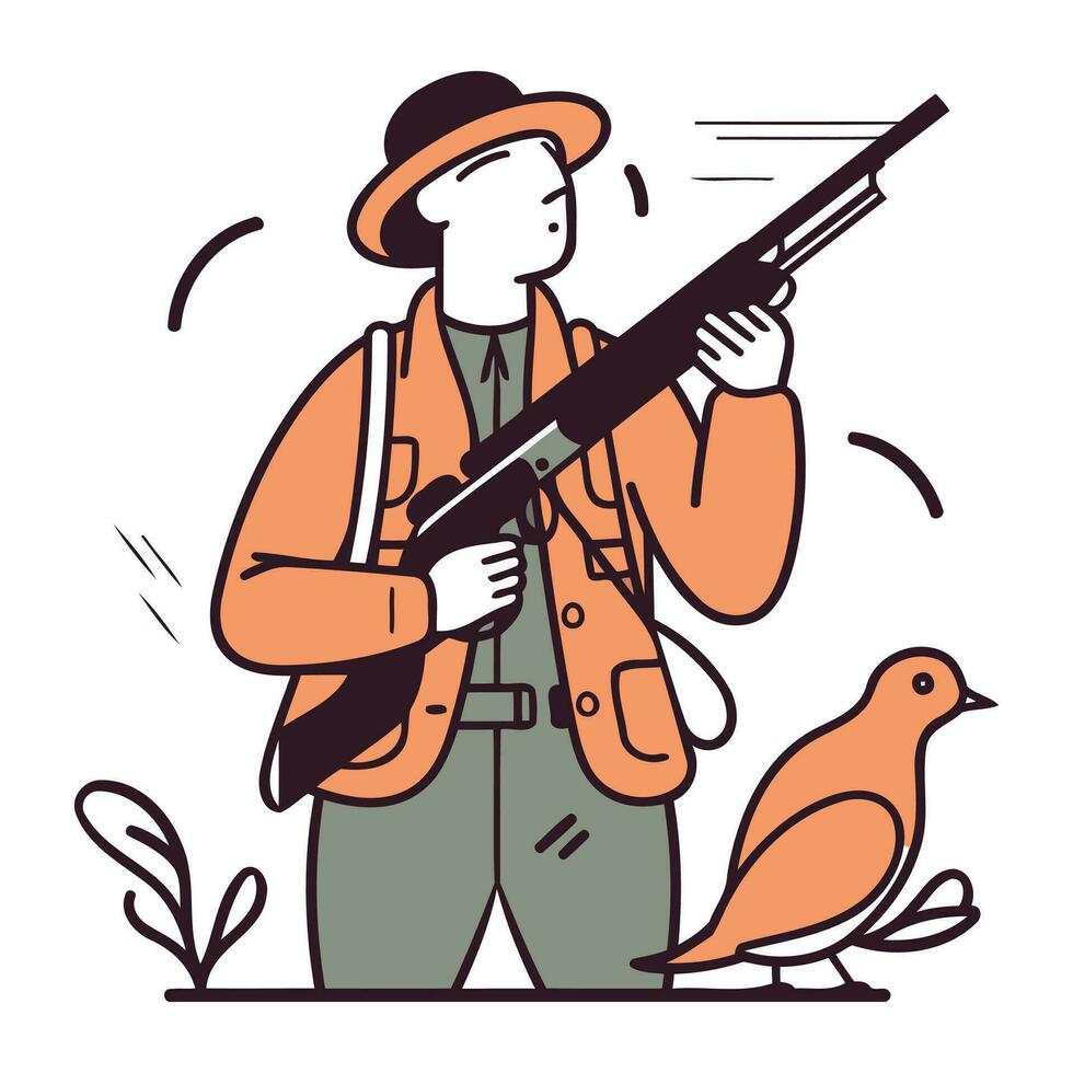 Jäger mit ein Gewehr und ein Taube. Vektor Illustration im Karikatur Stil