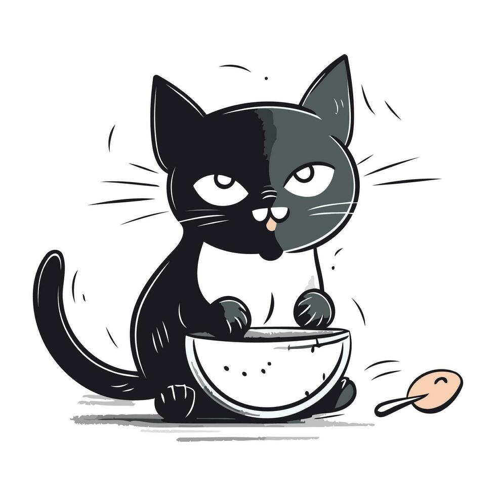 svart katt äter vattenmelon. söt tecknad serie karaktär. vektor illustration.