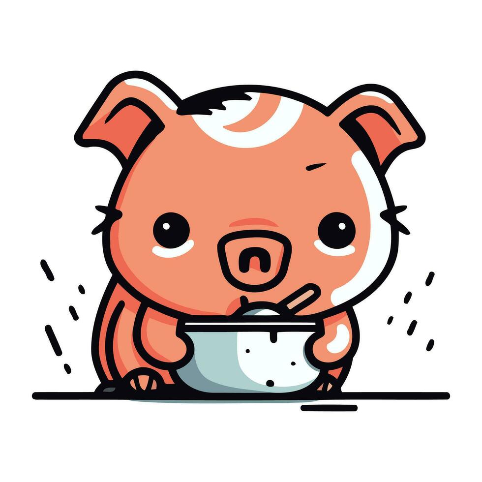 süß Schwein mit Schüssel von Suppe. Vektor Illustration im Karikatur Stil.